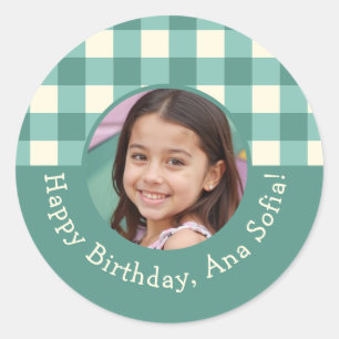 Custom Photo Name Plaid Gingham Birthday Party Classic Round Sticker