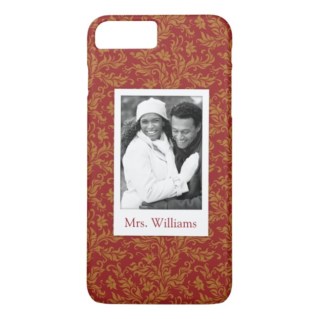 Custom Photo & Name Red and Gold Floral Pattern Case-Mate iPhone Case (Back)