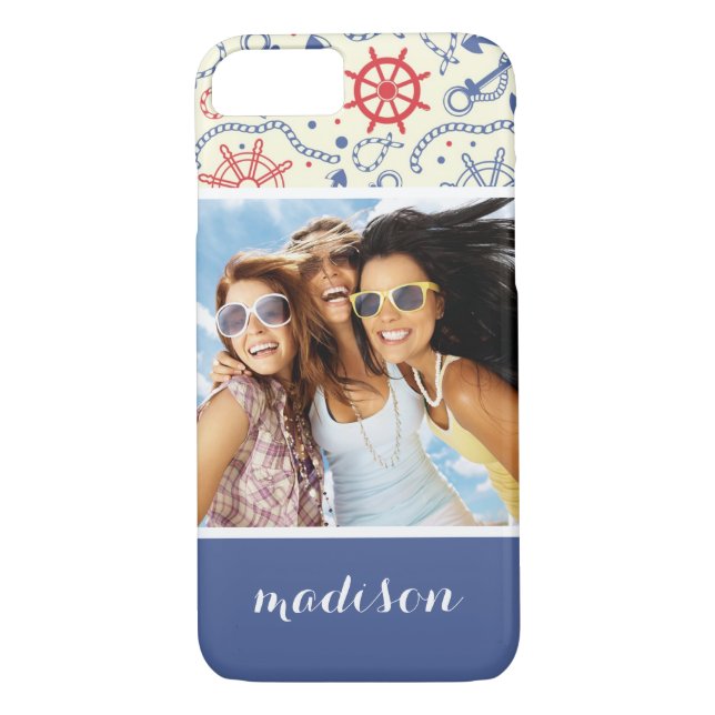 Custom Photo & Name Red and Navy with Anchor Case-Mate iPhone Case (Back)