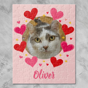 Custom Photo Name Red Pink Hearts Personalized Jigsaw Puzzle