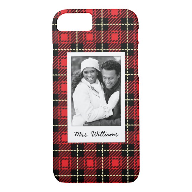 Custom Photo & Name Red Plaid Background Case-Mate iPhone Case (Back)