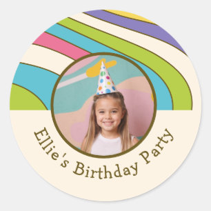 Custom Photo Name Retro Colourful Birthday Party Classic Round Sticker