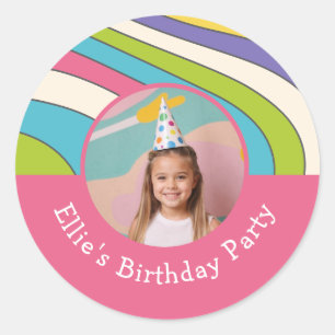 Custom Photo Name Retro Colourful Birthday Party Classic Round Sticker