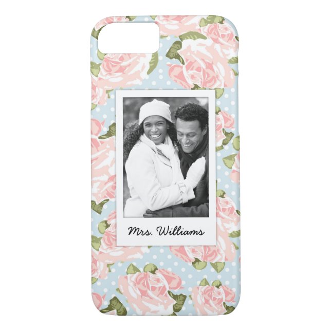 Custom Photo & Name rose pattern with blue dots Case-Mate iPhone Case (Back)