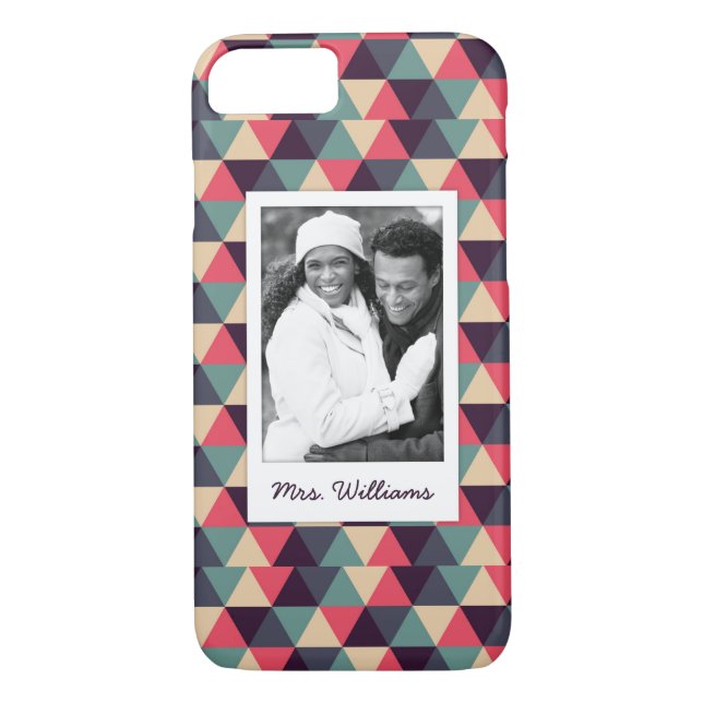 Custom Photo & Name Teal And Pink Triangle Pattern Case-Mate iPhone Case (Back)
