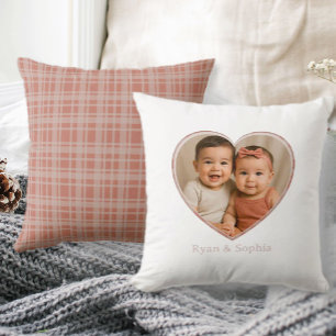 Custom Photo Name Terracotta Beige Plaid Throw Pillow