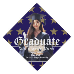 Custom Photo, Name with Golden Stars on Navy Blue Graduation Cap Topper