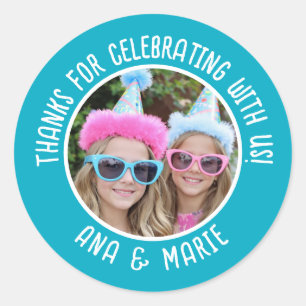 Custom Photo Names Double Birthday Thank You Favor Classic Round Sticker