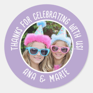 Custom Photo Names Double Birthday Thank You Favou Classic Round Sticker