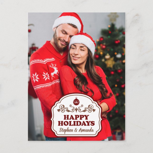 Custom photo & names Happy Holidays postcard (Front)