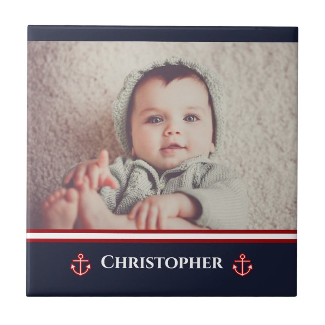 Custom Photo Nautical Marine Navy Blue Red White Tile (Front)