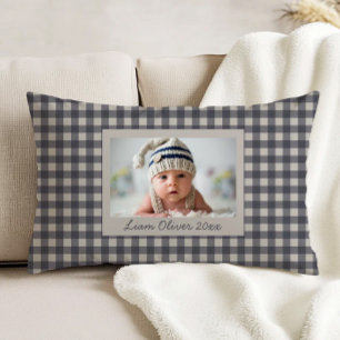 Custom Photo Navy Blue Beige Plaid Nursery Accent Pillow