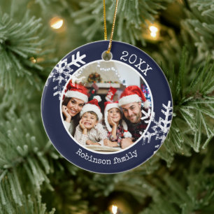 Custom Photo navy Snowflake Circle Ornament