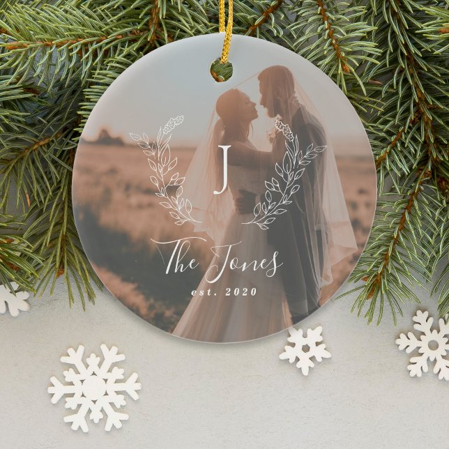 Custom photo newlyweds name monogram elegant  ceramic ornament (Creator Uploaded)