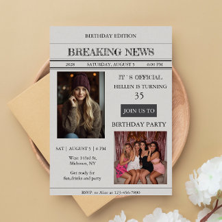 Custom Photo Newspaper Style Birthday Invitation