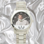 Custom photo number 1 one father watch<br><div class="desc">Template for your own photo of the best father, dad in the world. A white frame with black text. White numbers from 8 to 4. A birthday or Christmas gift for your father. A black, classic wreath and the number 1.</div>