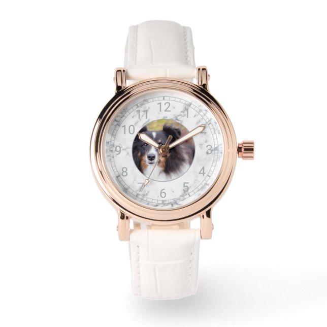 Custom Photo & Numbered Clock Face - Faux Marble Watch (Front)