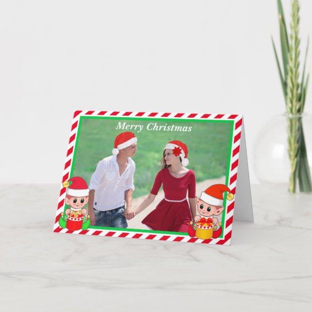 Custom Photo on Cute Elf Christmas Card (Front)
