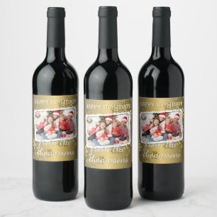 Custom Photo On Faux Gold Snowflakes Pattern Wine Label