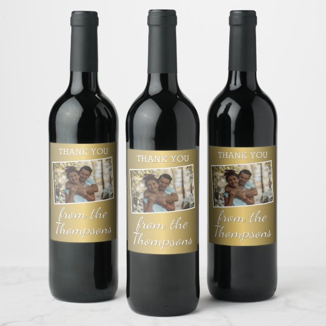 Custom Photo On Faux Shiny Gold Wine Label (Bottles)