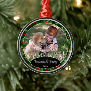 Custom Photo On Red Berries Green Holly Pattern Metal Ornament