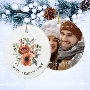 Custom Photo Orange Floral Christmas Ceramic Ornament