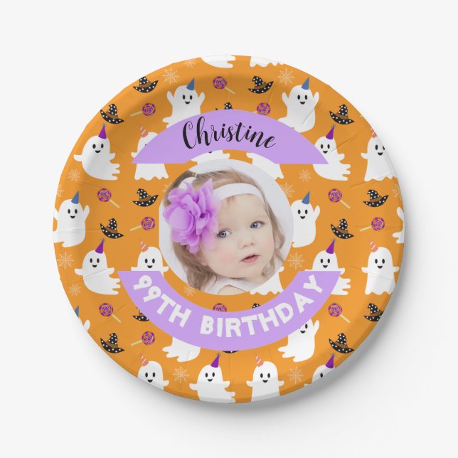 Custom Photo Orange Halloween Ghost Birthday Party Paper Plate (Front)