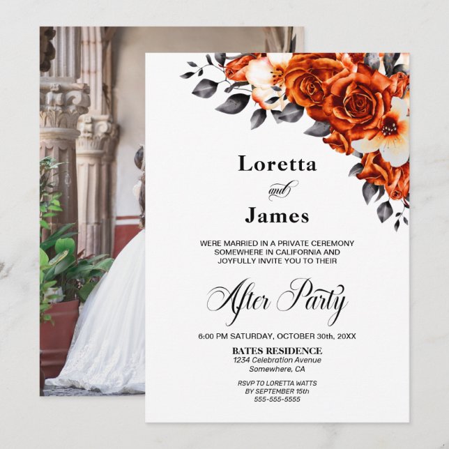 Custom Photo Orange Rose Floral Wedding Reception Invitation (Front/Back)