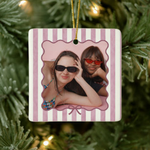 Custom Photo Ornament, Watercolor Pink Striped Ceramic Ornament