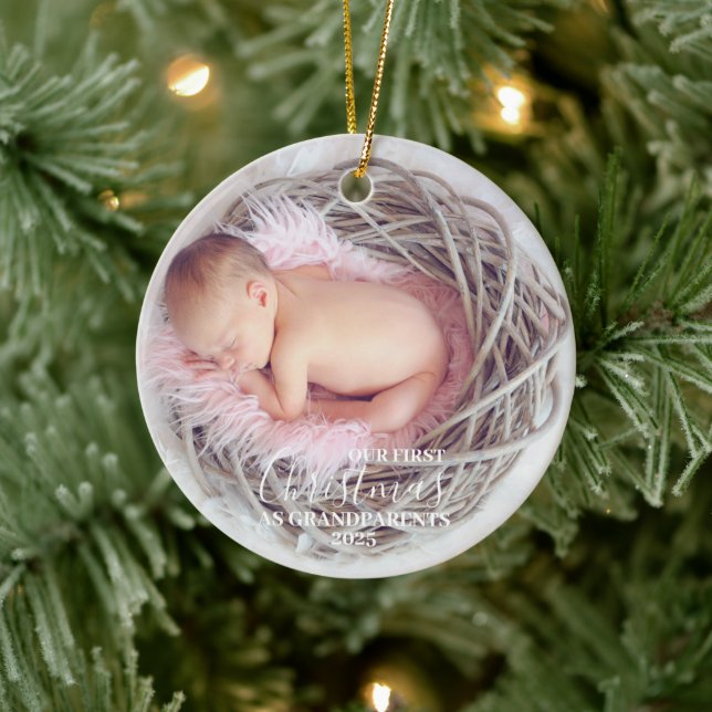 Custom Photo Our First Christmas As Grandparents Ceramic Ornament (Tree)