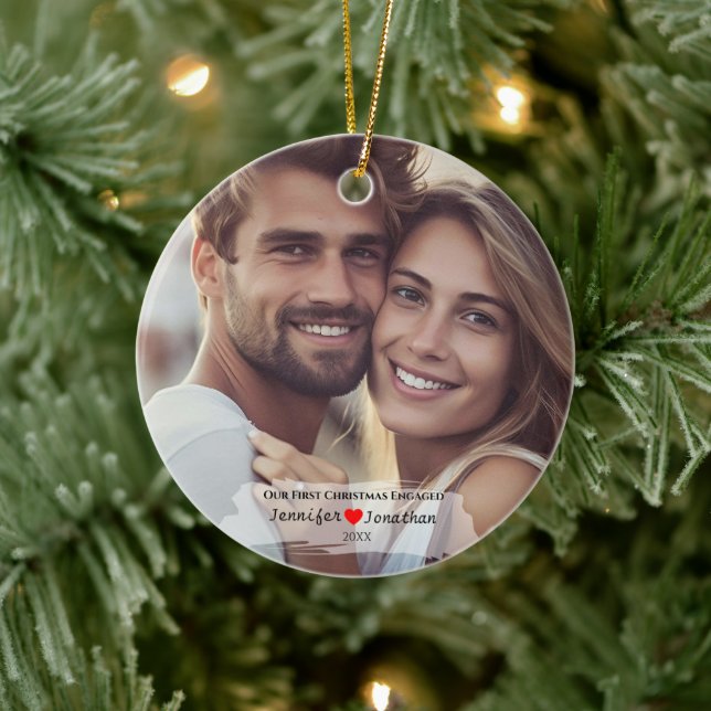 Custom Photo Our First Christmas Engaged   Ceramic Ornament (Tree)