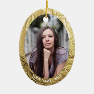Custom Photo Oval Gold Foil Effect Christmas Ceramic Ornament