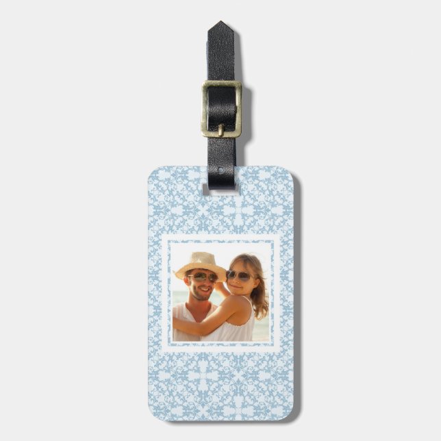 Custom Photo Pale Blue Damask Luggage Tag (Front Vertical)