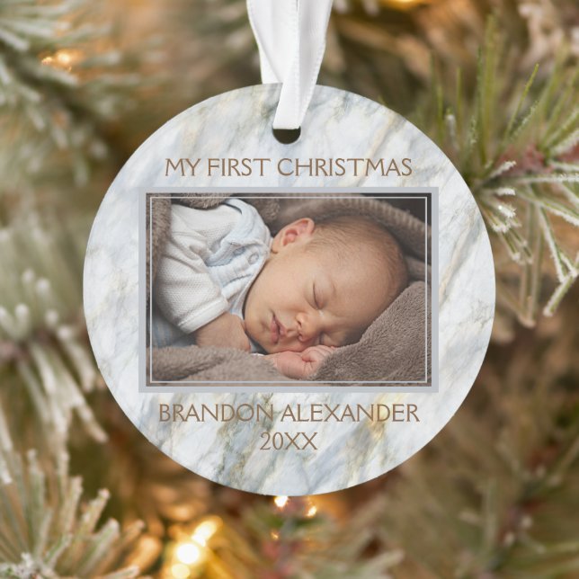 Custom Photo Pastel Blue Grey Marble Pattern Ornament (Tree)