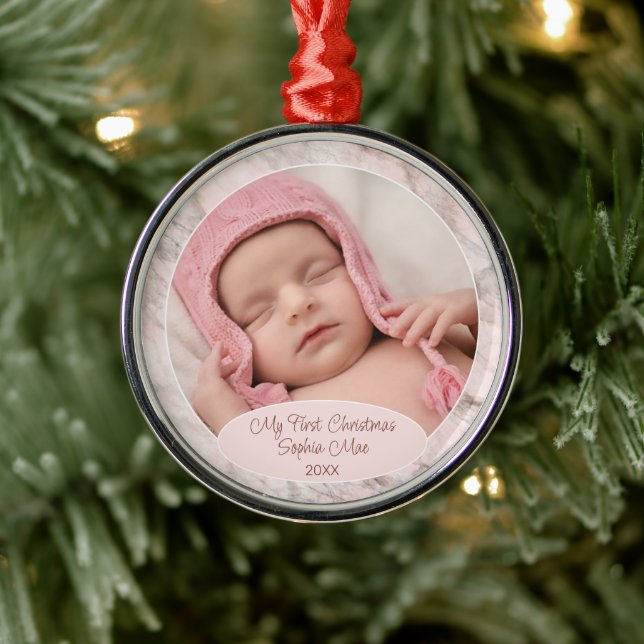 Custom Photo Pastel Pink Gray Marble Pattern 2025 Metal Ornament (Tree)