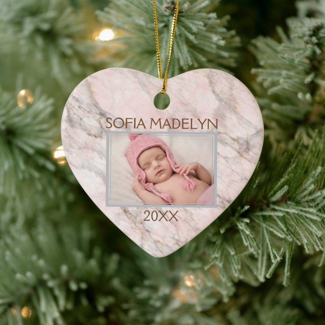 Custom Photo Pastel Pink Grey Marble Pattern 2025 Ceramic Ornament (Tree)