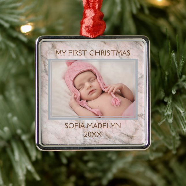 Custom Photo Pastel Pink Grey Marble Pattern Metal Ornament (Tree)