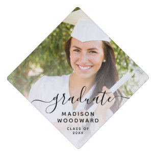 Custom Photo Personalized Black Script Graduation  Graduation Cap Topper