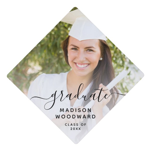 Custom Photo Personalized Black Script Graduation  Graduation Cap Topper (Front)