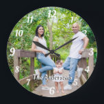 Custom photo personalized name white letters large clock<br><div class="desc">Custom photo personalized name white letters and numbers retro font wall clock. A lovely personalized gift for anyone.</div>