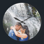Custom photo personalized name white letters large large clock<br><div class="desc">Custom photo personalized name white letters and numbers retro font wall clock. A lovely personalized gift for a couple,  for wedding,  engagement,  house warming or other occasion.</div>