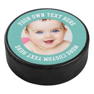 Custom Photo Personalized Teal Green Hockey Puck