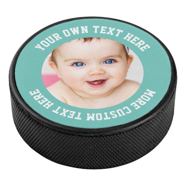 Custom Photo Personalized Teal Green Hockey Puck (3/4)