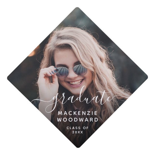 Custom Photo Personalized White Script Graduation Cap Topper (Front)