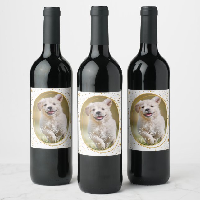 Custom Photo Pet Dog Birthday Gold Glitter Stars Wine Label (Bottles)