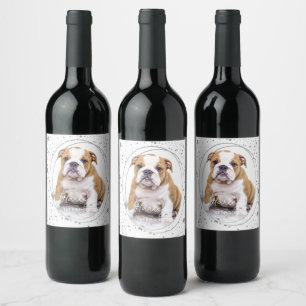 Custom Photo Pet Dog Birthday Silver Glitter Stars Wine Label