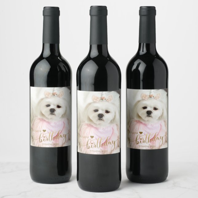 Custom Photo Pet Dog Birthday Typography Gold Wine Label (Bottles)