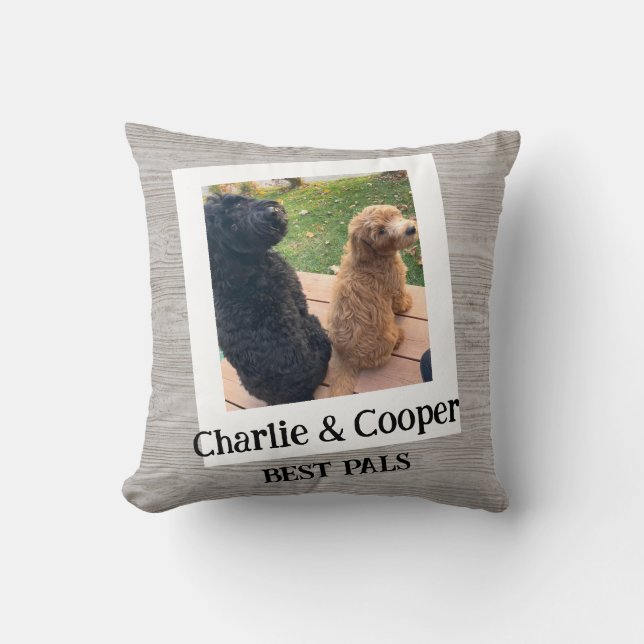 Custom Photo Pet Dog Duo "Best Pals" Wood Grain Throw Pillow (Front)