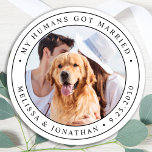 Custom Photo Pet Dog Just Married Wedding Classic Round Sticker<br><div class="desc">Add the finishing touch to your dog wedding announcements with these custom photo, and personalized 'My Humans Got Married stickers. Customize with your favourite photo,  names and date. COPYRIGHT © 2020 Judy Burrows,  Black Dog Art - All Rights Reserved. Custom Photo Pet Dog Just Married Wedding Classic Round Sticker</div>