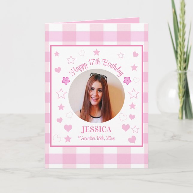 Custom Photo Pink 17th Birthday Greeting  Card (Front)